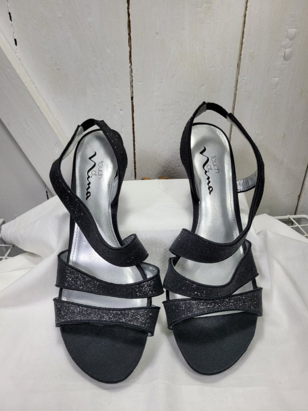 Touch Of Nina Black Glitter Strappy 3” Sandals Heels 8 M Stretch